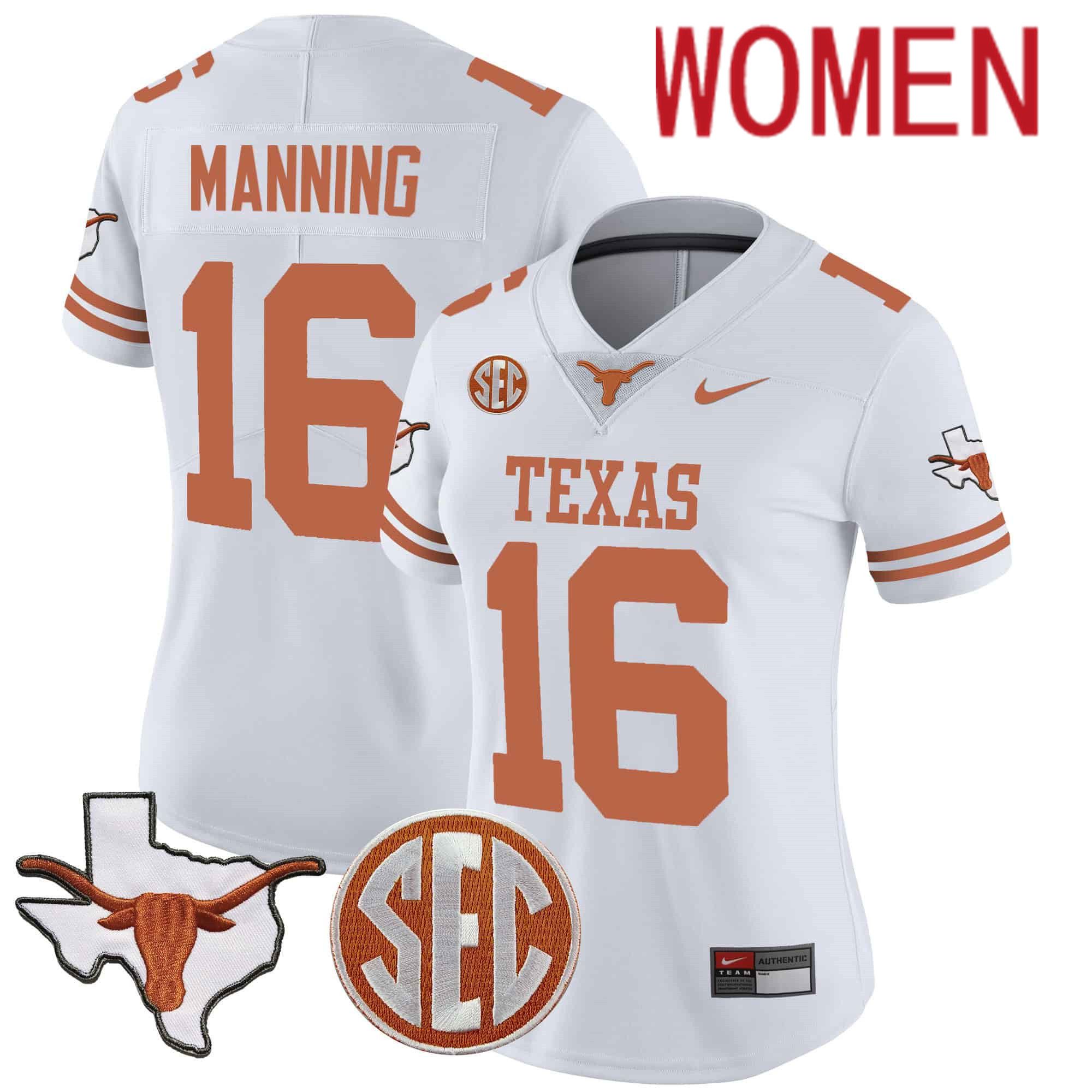 Women Texas Longhorns #16 Manning White 2024 Nike State Map & SEC Patch Vapor NCAA Jersey